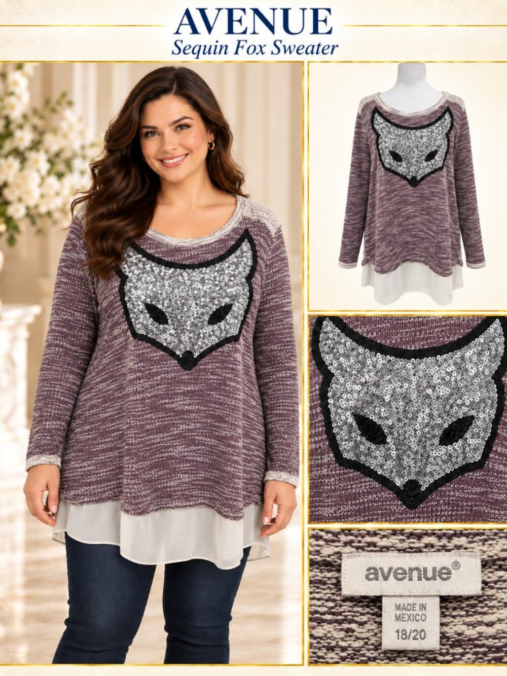Avenue Fox Sweater Plus Size 18/20 Burgundy Cream Silver Sequin Statement Knit